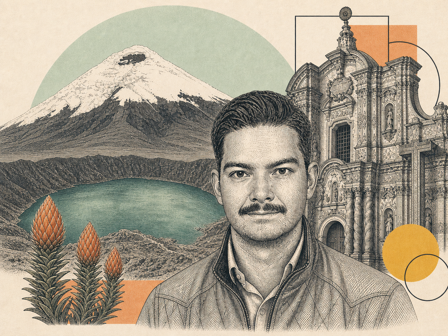 Engraved shoulder-up portrait of Joaquin Arias with Cotopaxi, Quilotoa, La Compania church, and chuquiragua flowers